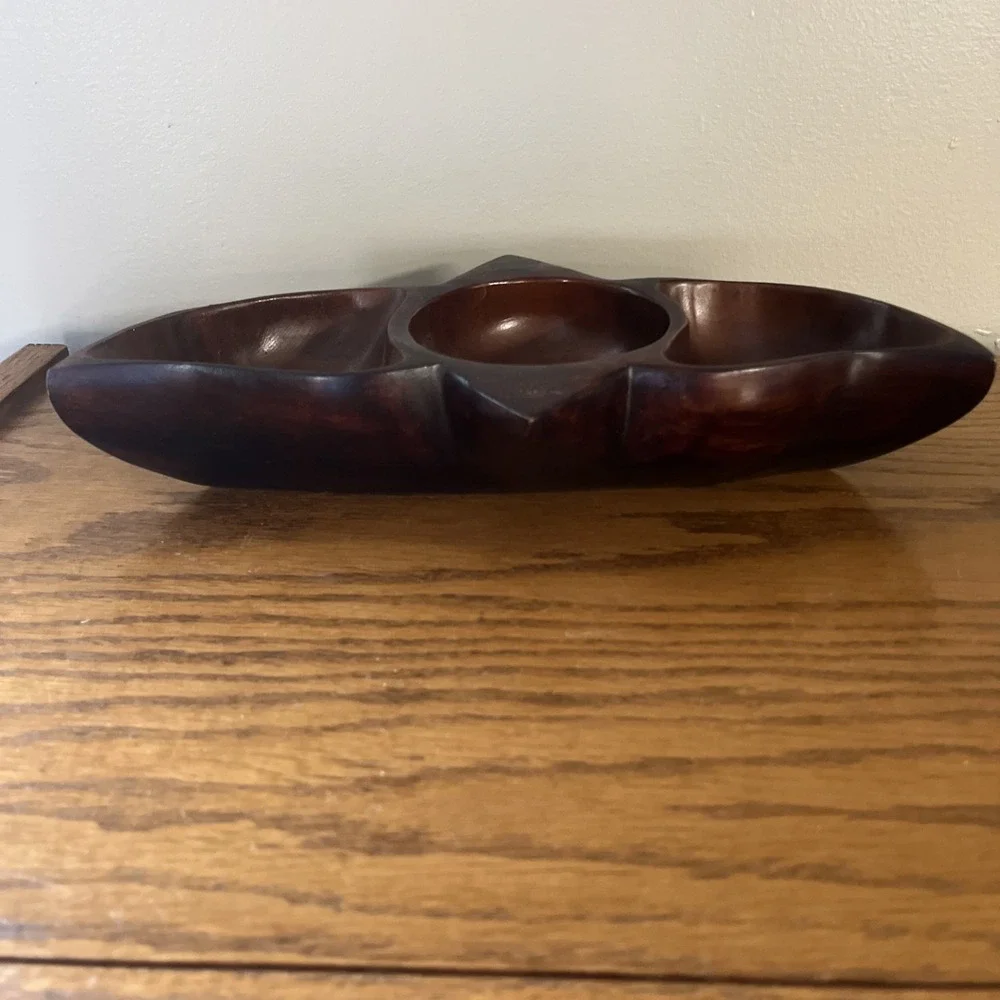 Vintage Solid Wood Bowl Divided Nut Dish Coin Tray Geometric MCM‎ Rare Shape